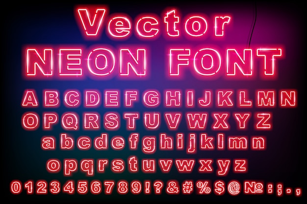 Vettore effetto bagliore di lettere luminose di carattere retrò rosa neon