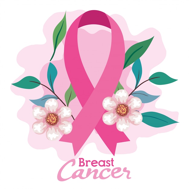 Pink ribbon, symbol of world breast cancer awareness month in october, with flowers and leaves decoration