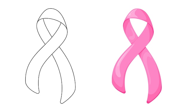 Pink Ribbon vector illustration set isolated on white background in line flat color cartoon style