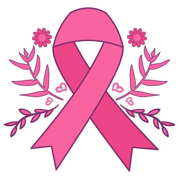 pink ribbon with flowers and leaves around it