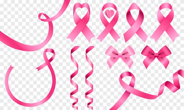 Vector pink ribbons and bows for breast cancer awareness month