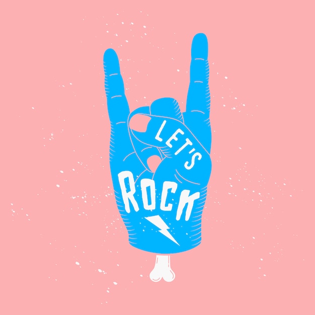 Illustrazione di citazione di roccia rosa. colori pop art del design delle carte con lettering let's rock e mano umana. stile vintage dell'illustrazione di moda con la mano