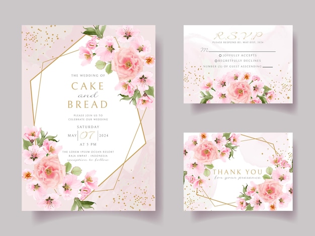 ピンクのバラと桜の結婚式の招待カードのテンプレート