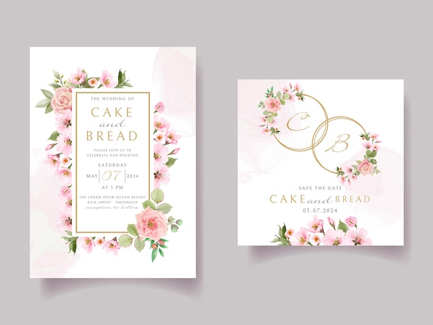 Pink rose and cherry blossom wedding invitation card template