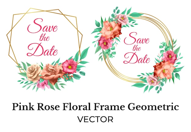 Pink rose floral frame decoration with gold geometric