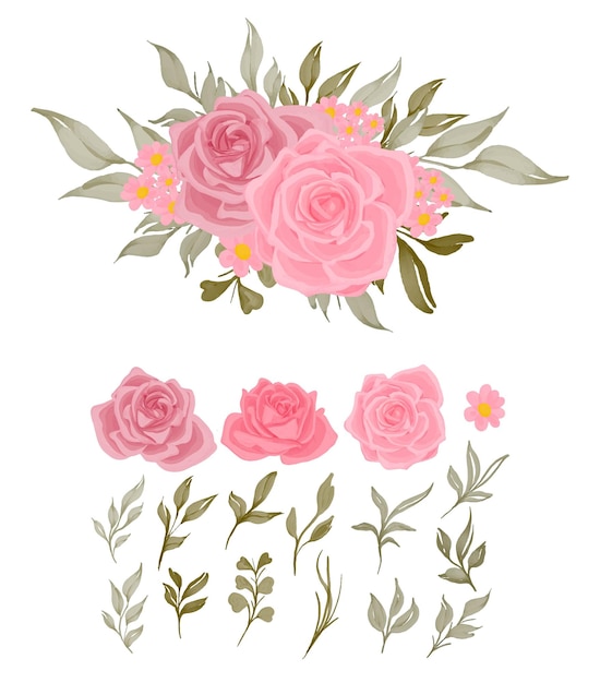 Vector pink rose flower watercolor bouquet