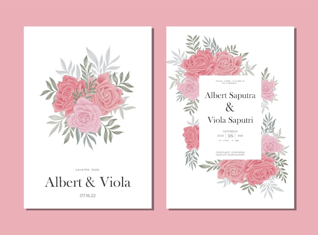 ピンクのバラの花の水彩画の結婚式の招待状