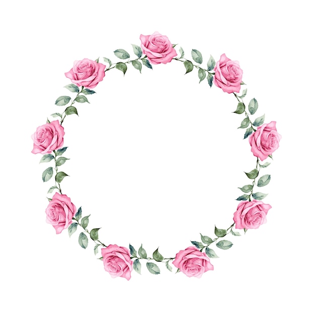 pink rose flowers with leaves watercolor paint round frame