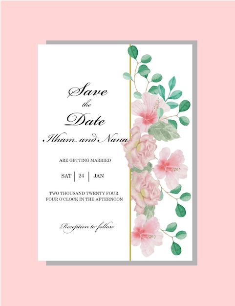 Vector pink rose and hibiscus watercolor flower for wedding