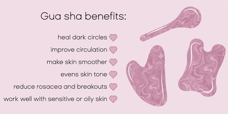 Vector pink rose quartz infographic with gua sha benefits of facial massage at home for young female