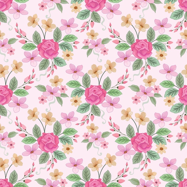 Pink rose and small flowers seamless pattern for fabric textile wallpaper