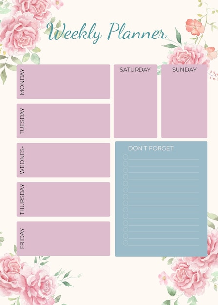 Vector pink rose watercolor flower weekly planner