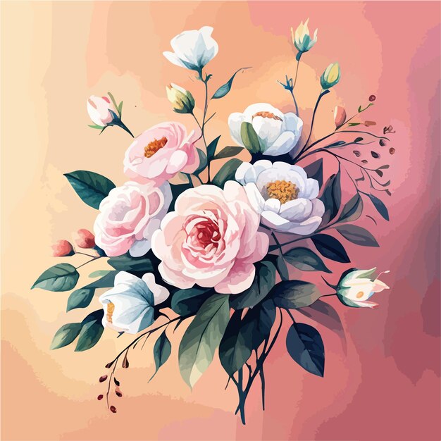 ピンクのバラの水彩の花とカラーの背景の結婚式の招待状の花束のベクトル