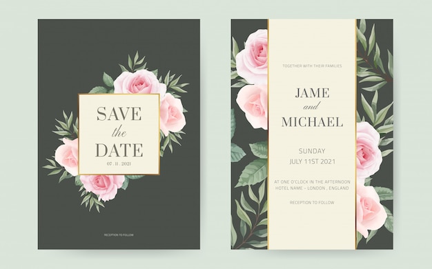 Vector pink rose wedding invitation card with rose leaves and green eucalyptus leaves green background. set wedding card template