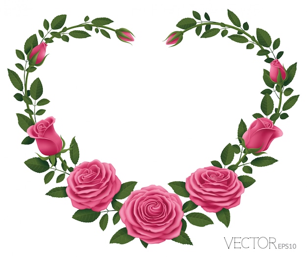 Vector pink roses frame with heart shape