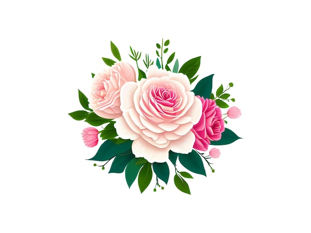 Vector pink roses and green leaves are in a bouquet