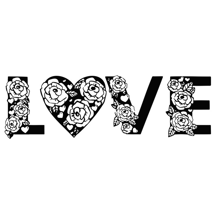 Pink roses LOVE lettering pattern. Black background and illustration