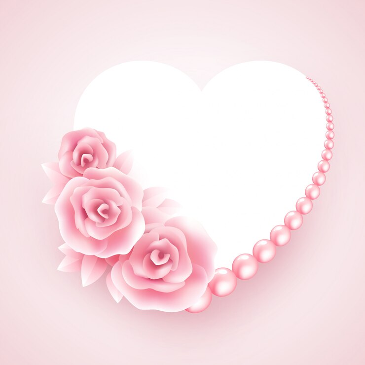 Vector pink roses, pearl and heart shap frame.