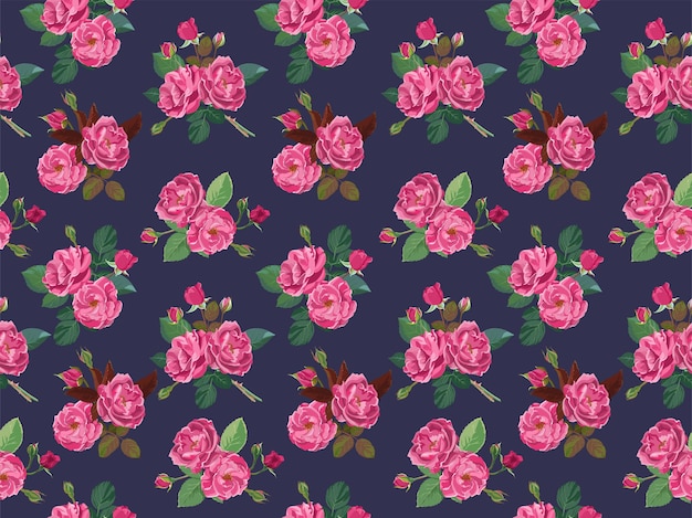 Vector pink roses or peonies in blossom seamless pattern