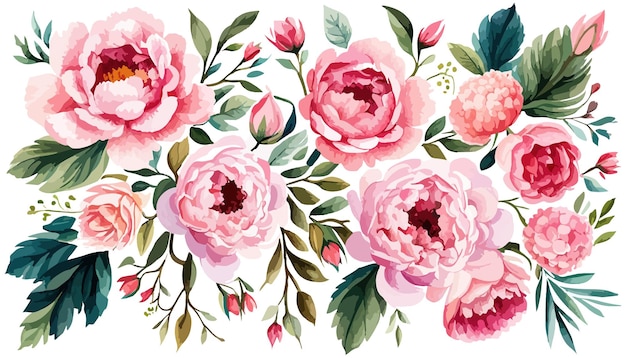 Pink roses and peonies twigs leaves for compositions of roses floral frame with roses watercolor