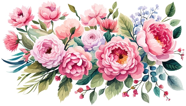 Pink roses and peonies twigs leaves for compositions of roses floral frame with roses watercolor
