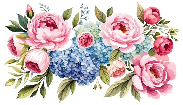ピンクのバラと牡丹の小枝は、バラの水彩画とバラの花のフレームの組成物を葉します。