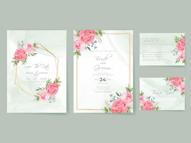 Set di biglietti d'invito per matrimonio con rose rosa