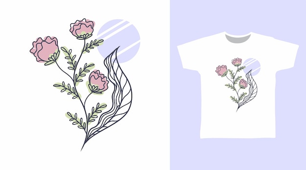 핑크 장미 손으로 그린 티셔츠와 의류 디자인 컨셉