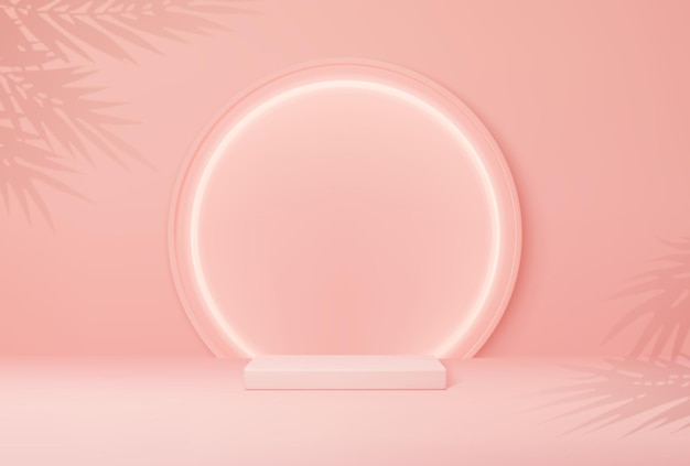 Pink round podium with palm leaves background