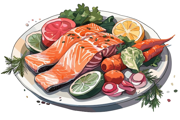 Вектор Розовый лосось и овощи на тарелке векторное искусство