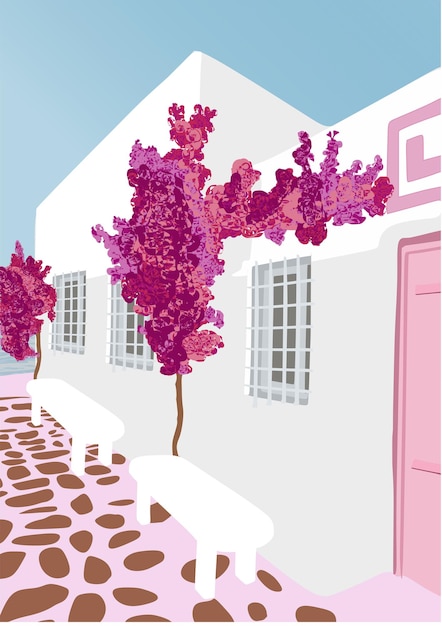 Vettore illustrazione rosa dell'isola di santorini in grecia