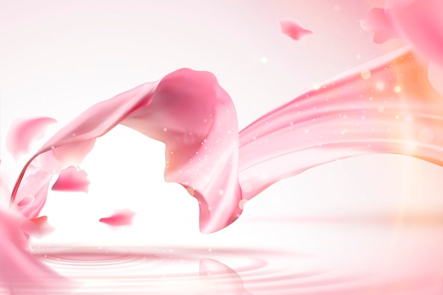 Розовый атласный фон, гладкая ткань с мерцающим эффектом и летающие лепестки в 3d иллюстрации