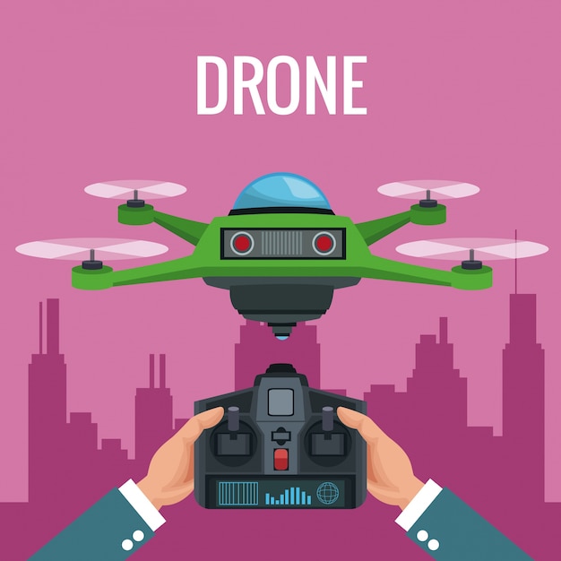 Pink scene city landscape and people handle remote control with green robot drone with four airscrew vector illustration