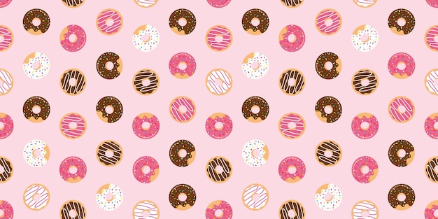 Pink seamless banner with glazed donuts