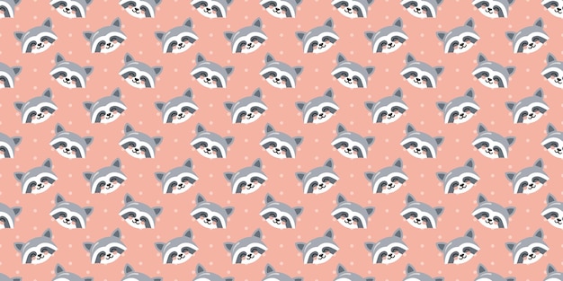 Vector pink seamless banner with raccoon heads and dots