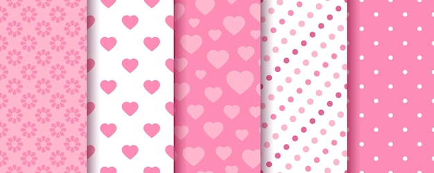 ベクトル ピンクのシームレスパターン バレンタインデーの背景 ハートのテクスチャーをセット スクラップブックのための可愛いプリント