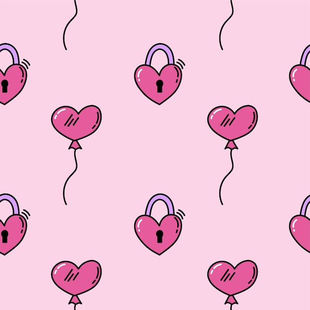 Pink seamless pattern with heart shaped lock and hearts-balloons. Doodle heart wrapping paper