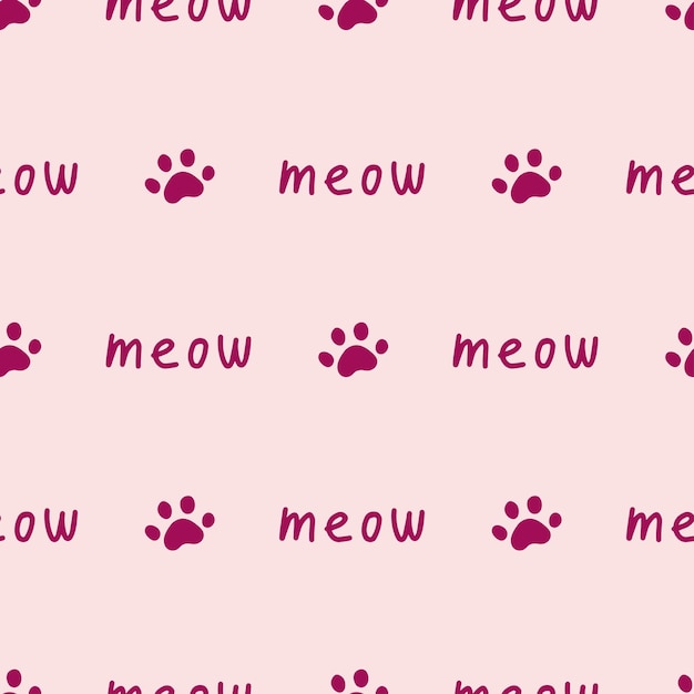 Vector pink seamless pattern with paws and meow text