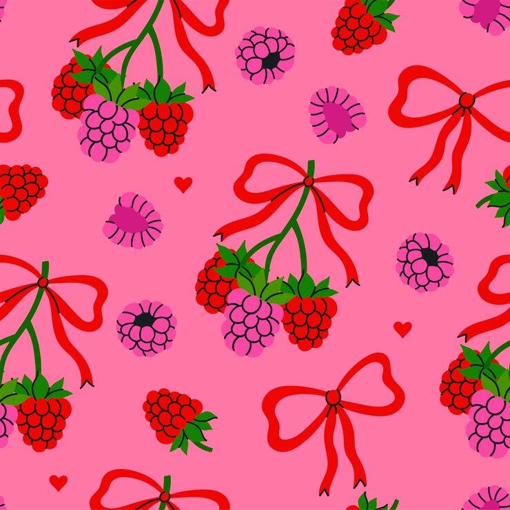 Vector pink seamless pattern with raspberries and bows