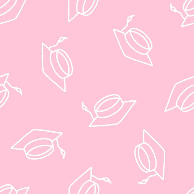 Pink seamless pattern with white hand drawn graduation hats.