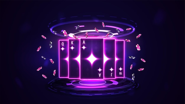 Carte da gioco da casinò al neon rosa brillante con fiches da poker in ologramma di anelli digitali in scena vuota e scura diamond royal flush