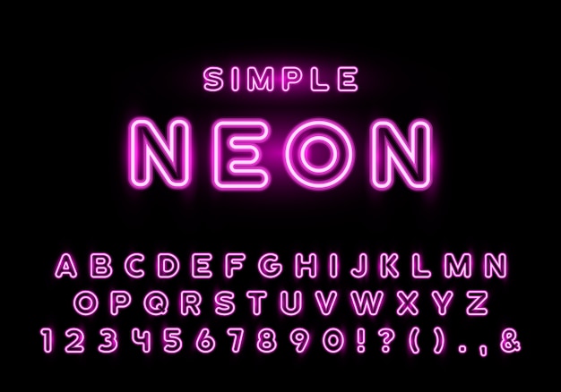 Set di lettere al neon rosa semplice, composizione neon notte