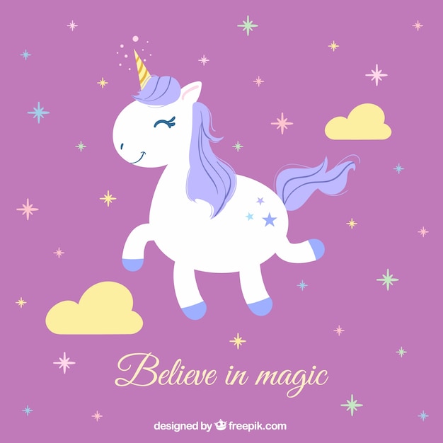 Vector pink sky background with stars and unicorn