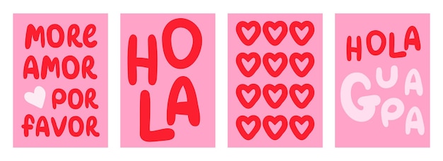 Vector pink spanish love poster set text translation more amor more love hola hi guapa vector lettering