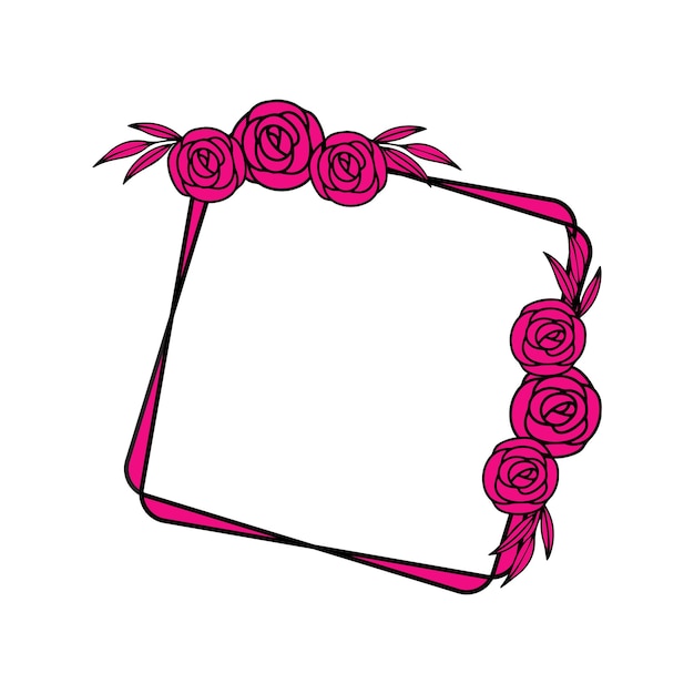 A pink square frame with roses and leaves.