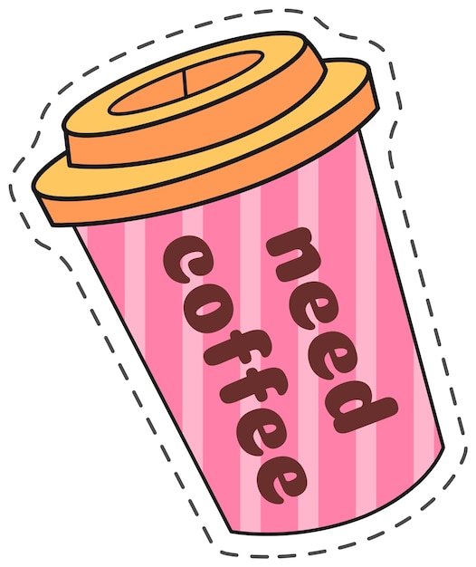 Vector pink striped paper coffee cup with orange lid and the slogan need coffee representing coffee break isolated on white background