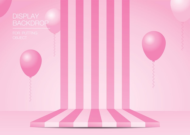 pink striped pattern backdrop display 3d illustration vector with balloons