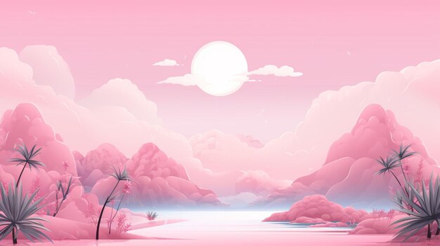 Vector a pink sunset with a pink sky and a river with a pink moon