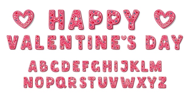 ベクトル ピンクの甘いバレンタインフォント。かわいいクッキーのアルファベット。漫画風のラブレターabc。女の子のためのお菓子。
