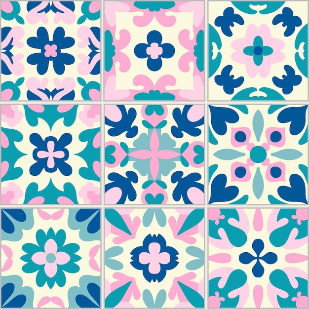 Pink teal blue ceramic tile pattern